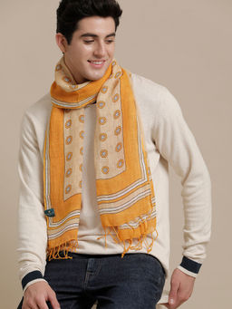 Linen Club - Yellow Printed Pure Linen Unisex Stole