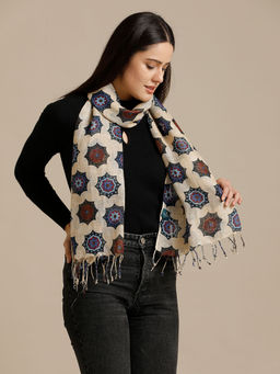 Linen Club - Beige Printed Pure Linen Unisex Stole