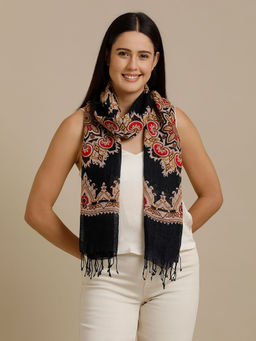 Linen Club - Black Printed Pure Linen Unisex Stole