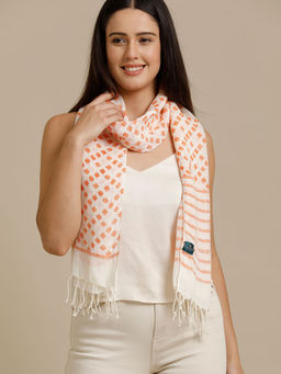 Linen Club - Orange Printed Pure Linen Unisex Stole