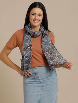 Linen Club - Blue Printed Pure Linen Unisex Stole
