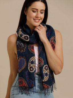 Linen Club - Blue Printed Pure Linen Unisex Stole