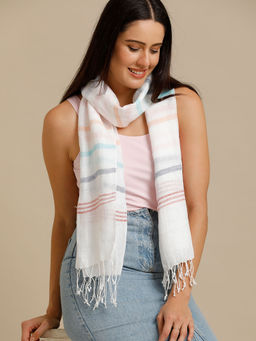 Linen Club - White Striped Pure Linen Unisex Stole