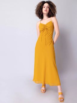 FabAlley - Yellow Noodle Strap Ruched Maxi Dress