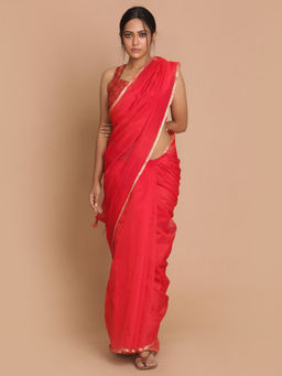 Indethnic - Banarasi Red Solid Daily Wear Saree With Unstitched Blouse