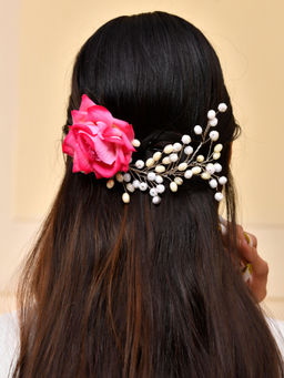 Silvermerc Designs - Pink Rose and Pearl Hair Brooch