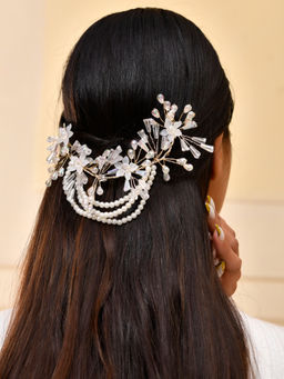 Silvermerc Designs - Pearls and Crystal Flower Off White Elegant Bridal Hair Brooch