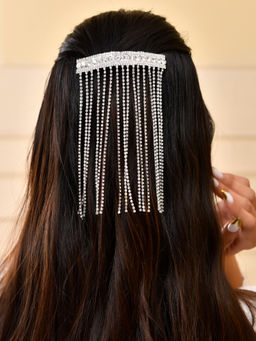 Silvermerc Designs - White Rhinestone Dangling Strands Hair Brooch