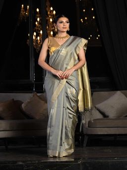 Beatitude - Grey Soft Silk Banarasi Woven Saree with Unstitched Blouse