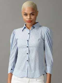 SHOWOFF - Womens Spread Collar Printed Blue Shirt