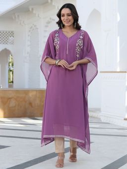 Jaipur Kurti - Purple Georgette Mirror Work Gota Embellished Kaftan with Inner (Set of 2)