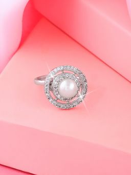 Estele - Rhodium Plated CZ Circular Ring with Pearl for Women