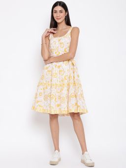 Fabindia - Yellow Cotton Printed Dress With Belt (Set of 2)
