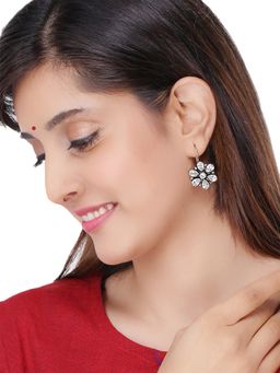 Yellow Chimes - Silver-Plated Floral Stone-Studded Oxidised Drop Earrings