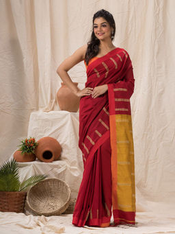 Angoshobha - Red Cotton Blended Temple Border Jamdani Saree with Unstitched Blouse