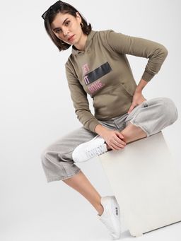 Campus Sutra - Women Olive Printed Regular Fit Sweatshirt with Hooded Neck for Winterwear