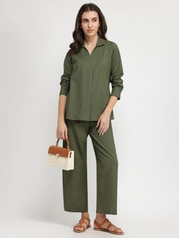 Pink Fort - Linen Blend Olive Solid Co-Ord Set
