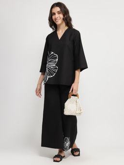 Pink Fort - Cotton Floral Black Co-Ord Set