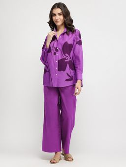 Pink Fort - Cotton Floral Shirt Purple Co-Ord Set