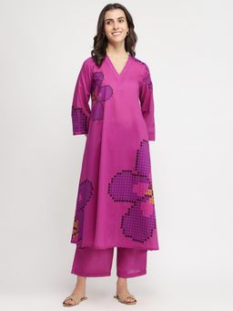 Pink Fort - Cotton Floral A-Line Kurta with Pant