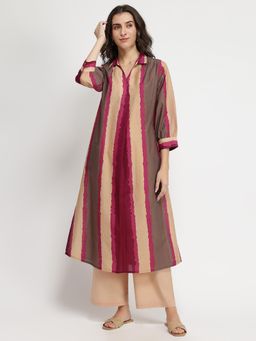Pink Fort - Cotton Striped Beige Kurta with Pant