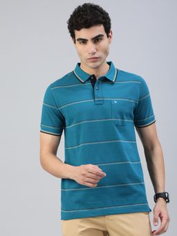 Classic Polo - Men Teal Stripes Slim Fit Cotton Blend Polo T-Shirt