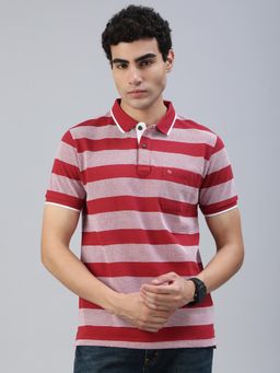 Classic Polo - Men Red Stripes Slim Fit Cotton Blend Polo T-Shirt