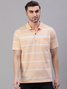 Classic Polo - Men Orange Stripes Regular Fit Cotton Blend Polo T-Shirt