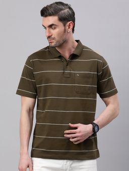 Classic Polo - Men Olive Stripes Regular Fit Cotton Blend Polo T-Shirt