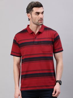 Classic Polo - Men Maroon Stripes Regular Fit Cotton Blend Polo T-Shirt