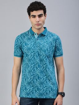 Classic Polo - Men Teal Printed Slim Fit Cotton Polo T-Shirt