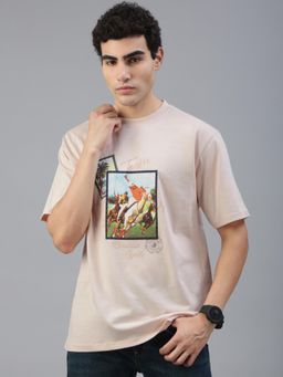 Classic Polo - Men Beige Printed Oversized Fit Cotton T-Shirt