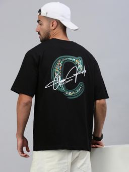 Classic Polo - Men Black Printed Oversized Fit Cotton T-Shirt