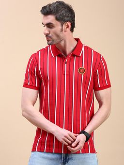 Classic Polo - Men Red Stripes Slim Fit Cotton Polo T-Shirt