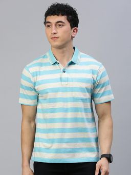 Classic Polo - Men Blue Stripes Regular Fit Cotton Polo T-Shirt