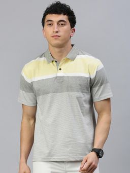 Classic Polo - Men Grey Stripes Regular Fit Cotton Polo T-Shirt