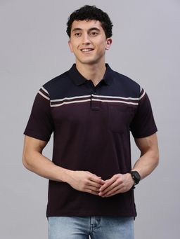 Classic Polo - Men Burgundy Stripes Regular Fit Cotton Polo T-Shirt