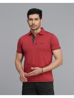 ROOKIES - Men Red Solid Slim Fit Cotton Polo T-Shirt