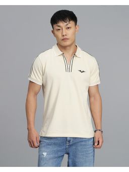ROOKIES - Men Cream Solid Slim Fit Cotton Polo T-Shirt