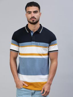 Classic Polo - Men Multi-Color Stripes Slim Fit Cotton Blend Polo T-Shirt