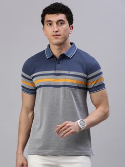 Classic Polo - Men Grey Stripes Slim Fit Cotton Blend Polo T-Shirt