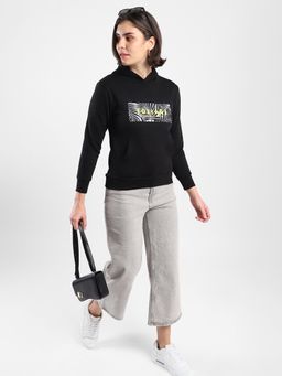 Campus Sutra - Women Black Printed Regular Fit Sweatshirt with Hooded Neck for Winterwear