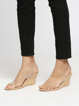 Twenty Dresses by Nykaa Fashion - Beige Round Toe Dual Transparent Strap Wedges
