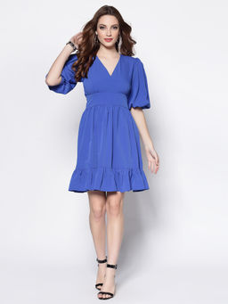 Sera - Blue Solid Mini Dress