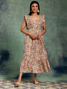 Libas - Multi Color Floral Printed Cotton Dress with Ruffles and A Pocket
