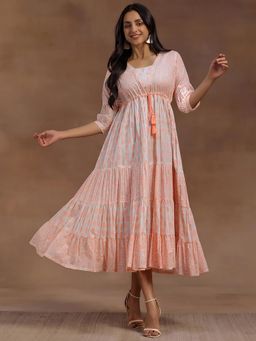 Libas - Orange Floral Printed Layered Dress with Attached Tassel Detail Belt