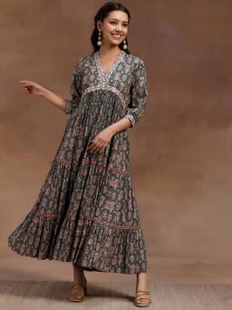 Libas - Green Floral Printed Fit and Flared Dress with Thread Work Detail