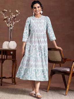 Libas - Blue Floral Printed Panelled A-Line Dress