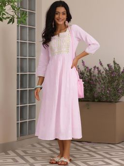 Libas - Pink Mirror Work Design Panelled Dress with Embroidered Yoke