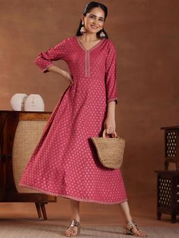 Libas - Pink Floral Printed Panelled Dress with Gathers On Neck